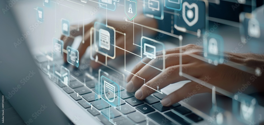 Poster a businessman using a laptop with digital data and a security shield icon on a virtual screen, highlighting his focused hand typing on the keyboard for an online technology working concept.