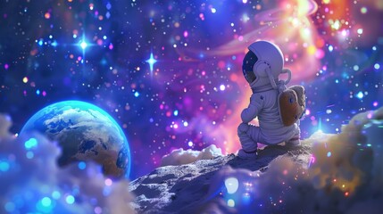 Naklejka premium playful scene with a little boy astronaut on a small moon and a little girl astronaut on a small planet, set against a vibrant cosmic background filled with stars and galaxies.