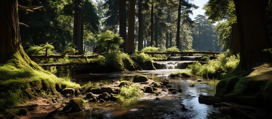 Obraz premium The waterfall in the middle is beautiful and surrounded by naturally cool trees