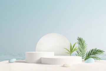 Tropical Beach Podium with Palm Leaves