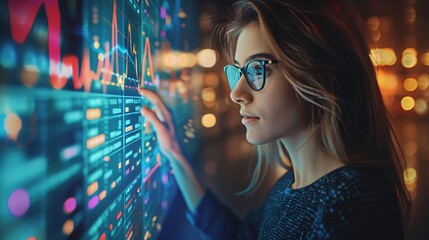 Digital Neon Data Streams Analysis by Businesswoman with Breaking Financial Reports on Virtual Interface