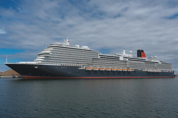 Brand new cruiseship cruise ship ocean liner Queen Anne in port of Skagen, Denmark during inaugural...