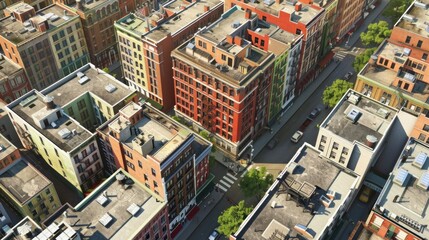 Generate a photo realistic image of urban energy-efficient retrofitting projects updating old buildings with modern, sustainable technologies; ensure the image is of high resolution for clear 
