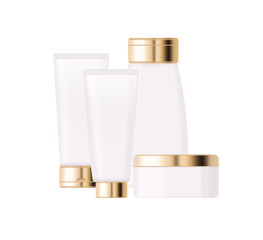 Empty luxury Gold Packaging Cosmetic Product Set on a white background For Serum Cream Shampoo Toner Conditioner