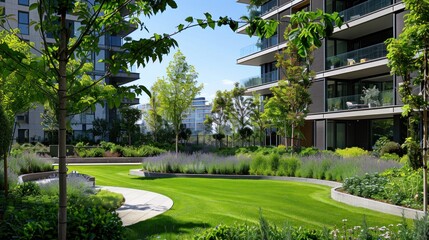 Obraz premium Generate a photo realistic image of urban green design principles being applied in new developments; ensure the image is of high resolution for clear and detailed quality