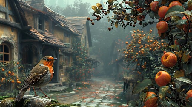 A charming and detailed photo of a Goldeeg bird in a quaint village setting, with cobblestone streets and old-fashioned houses. 