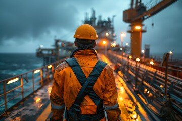 A man in a yellow jacket is standing on a pier