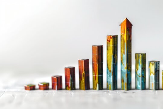 Bar graph with a sharp increase in stock prices set against a clean white background, highlighting significant market growth. - Powered by Adobe