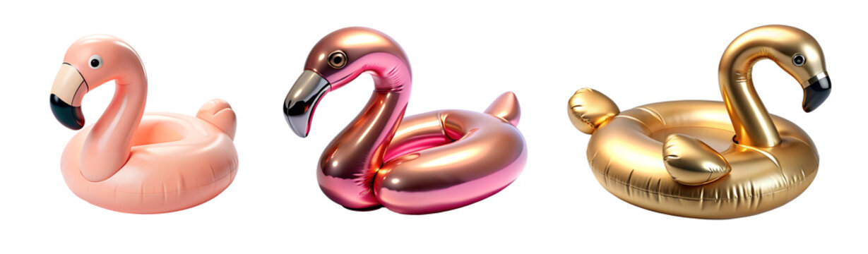 Set of flamingos isolated cut out on a transparent background. Pink inflatable rings, gold and pink glossy flamingo and pool balloon. 3d icons inflatable flamingos. Summer toys for the beach or pool.
