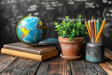 Earth globe, stack of books and school supplies on the table. Back to school, learning and education concept