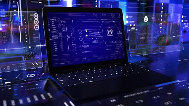 Control center computer Info data HUD abstract desk 3D technological display server room Information internet Security 2D animation Sci Fi Heads up display User Interface