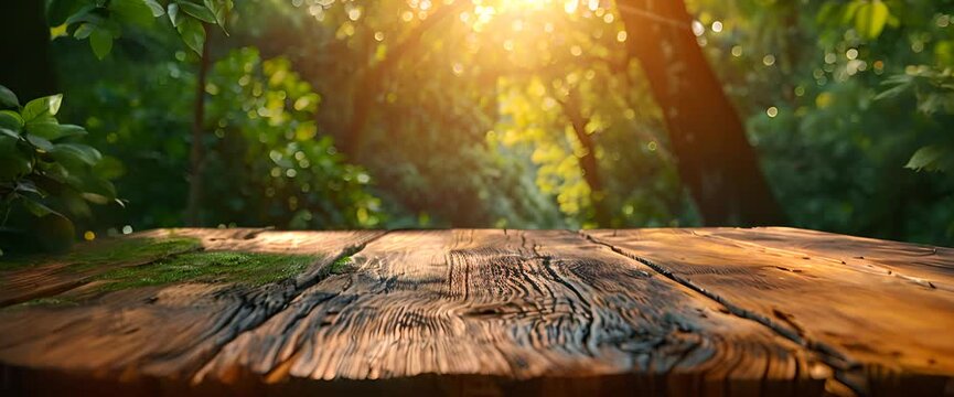 wood table perspertive and green leaf bokeh blurred for natural background