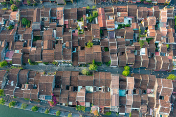 Aerial drone view of Hoi An city, Vietnam. Ancient town, UNESCO world heritage, at Quang Nam province.