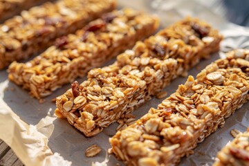 Homemade granola bars on natural paper backdrop