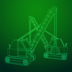Wrecking ball excavator, demolition crane machine. Wireframe low poly mesh vector illustration