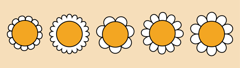 Daisy flowers set. Bloom camomile Sticker pack in trendy retro. 30s, 50s, 60s, 70s vintage element. Vector illustration