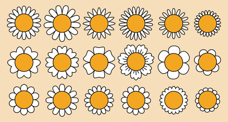 Daisy flowers set. Bloom camomile Sticker pack in trendy retro. 30s, 50s, 60s, 70s vintage element. Vector illustration