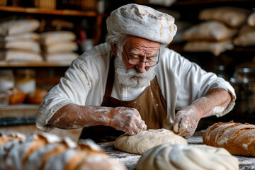 An elderly baker with a white beard and hat carefully prepares dough on a work surface in a bakery filled with various breads.