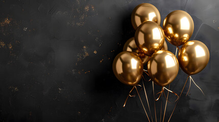 Luxurious gold balloons clustered against a matte black wall, exuding sophistication and celebration