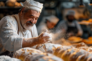 A happy baker with a white beard dusts flour on freshly baked bread in a busy bakery.