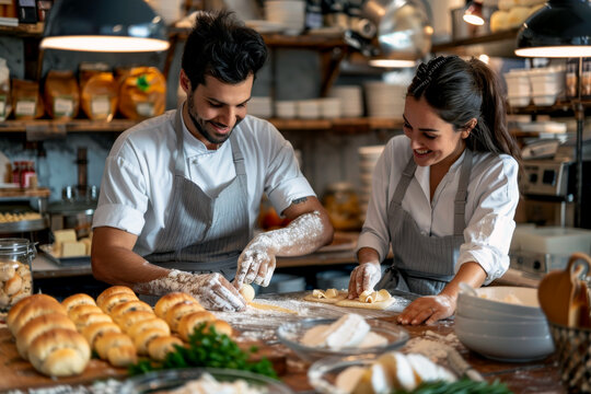 A baker in an apron holds a freshly baked loaf of bread in a warm and cozy bakery filled with various types of bread. - Powered by Adobe