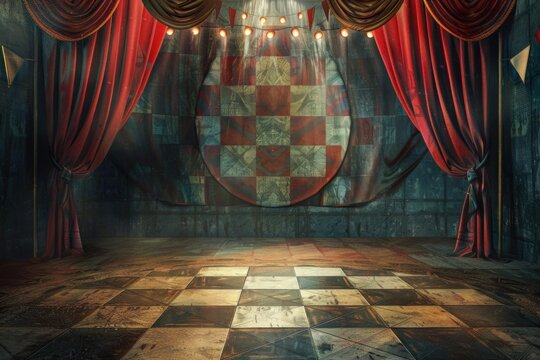 Empty vintage circus stage is lit by spotlights with red curtains and a checkered floor
