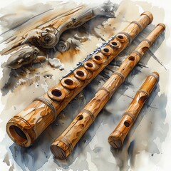 Naklejka premium A watercolor depiction of a wooden flute with delicate carvings