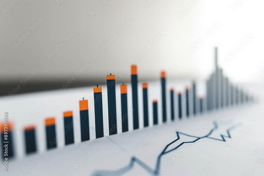 Poster bar graph with a sharp rise in stock prices set against a minimal white surface.