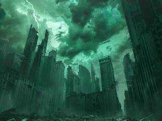 Fototapeta premium Apocalyptic Cityscape with a Lightning Storm