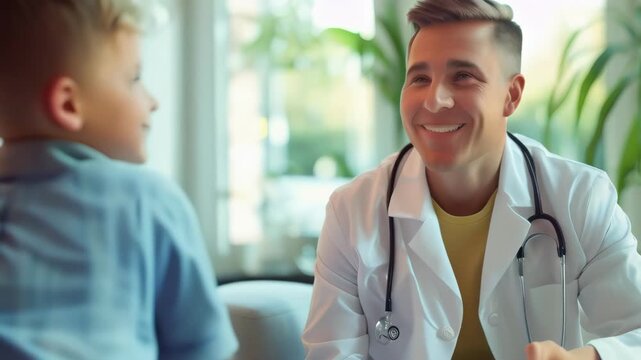Smiling pediatrician interacting with young patient in a bright, modern clinic. Emphasis on child healthcare and positive doctor-patient relationships 
