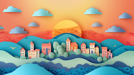 Fototapeta premium Urban countryside landscape city village and sea bay with sunset. Paper art craft style