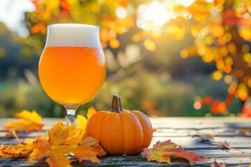 Golden craft beer with autumn leaves and pumpkin on rustic table
