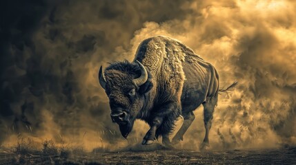 Fototapeta premium Charging Bison in Dust Storm