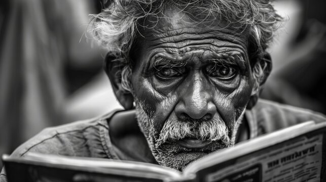 Elderly man reading newspaper in deep concentration