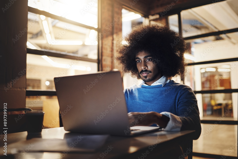 Poster night, black man and laptop in office for it, editing and digital design for company. male creative,