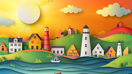 Fototapeta premium Urban countryside landscape city village and sea bay with sunset. Paper art craft style