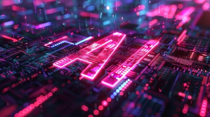 Obraz premium Neon pink and blue circuit board with glowing AI elements. artificial intelligence technology banner