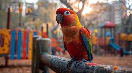 A vibrant and clear photo of a Goldeeg bird on a colorful playground, with children playing in the background. 
