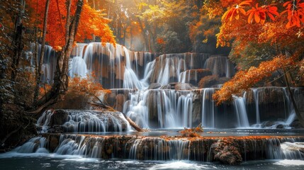 Autumn Waterfall in a Lush Forest