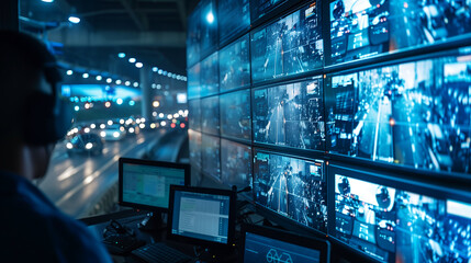 control room with multiple screens displaying live traffic data showcasing the integration of AI in networked surveillance systems for transportation security and crowd management