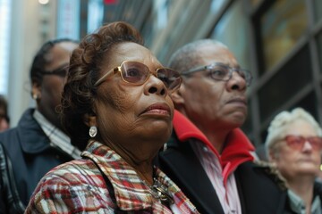 Obraz premium Senior black woman looking up with hope and determination, surrounded by other people