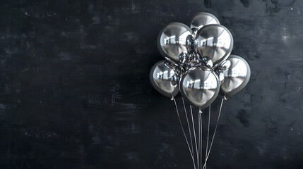 A bunch of shiny silver balloons against a sleek black wall background creating a luxurious and celebratory scene