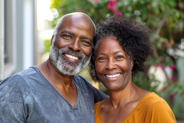 Fototapeta premium Portrait of a glad multiethnic couple in their 40s smiling at the camera