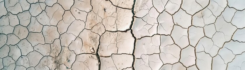 Fototapeta premium Close-up view of cracked dry soil texture, showcasing the natural patterns of drought-affected land in an arid environment.