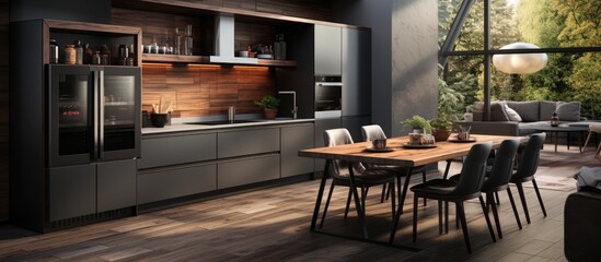 Dark Modern Kitchen in Luxury apartment with stainless steel Appliances