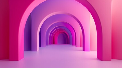 Elegant 3D tunnel with radiant pink and violet arches extending into a bright inviting light combining a sense of sophistication with modernity