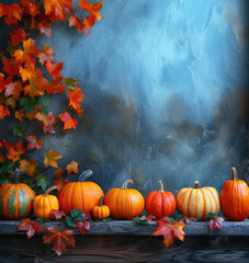 Colorful pumpkins and leaves on a blue wooden background. Autumn, Thanksgiving festive background with space for text.