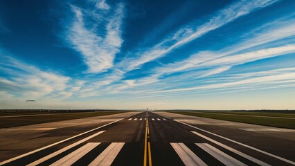 A wide view of an empty airport runway under a blue cloudy sky, ready for take off or landing in clear weather conditions Ai generated image.