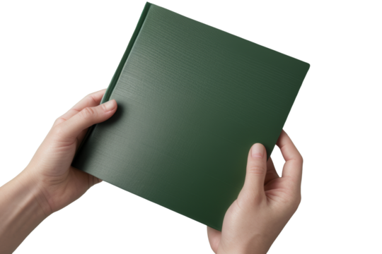 Two hands hold a green book with a textured cover over isolated transparent white background - Powered by Adobe