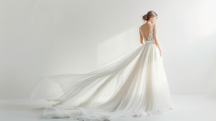 Naklejka premium Bride in elegant long wedding dress standing by a window. Concept of bridal attire, elegance, wedding day. Copy space